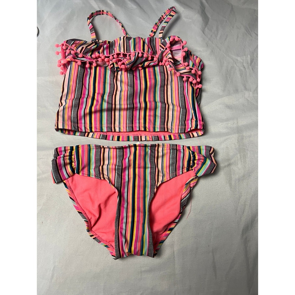 Malibu‎ Design Group Girls Striped Pom-Pom Tankini Swimsuit Set Pink Multi Sz 12